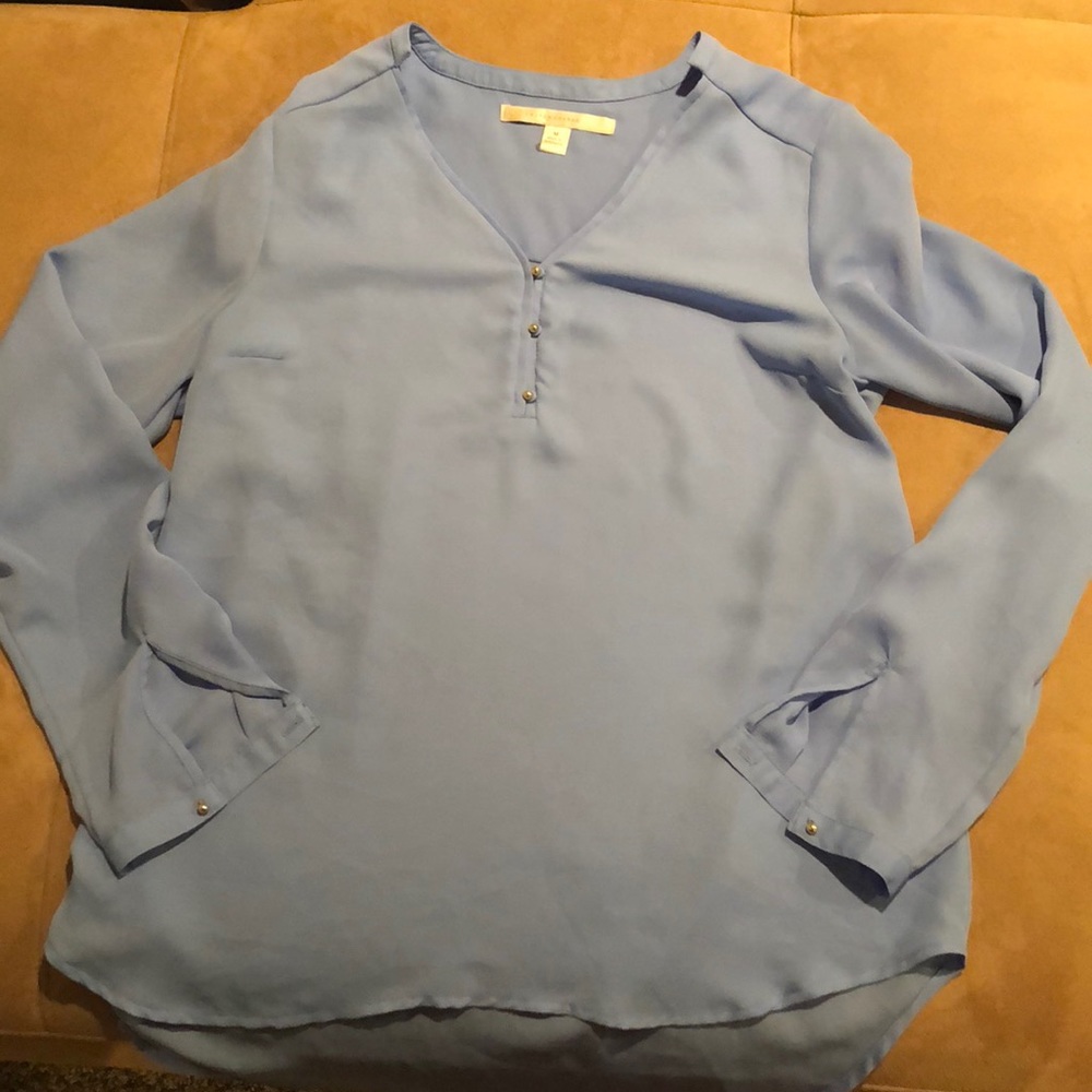 3/4 length sheer dress shirt with gold buttons.